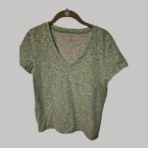 Talbots Green V-Neck Short Sleeve Tee with White Botanical Pattern